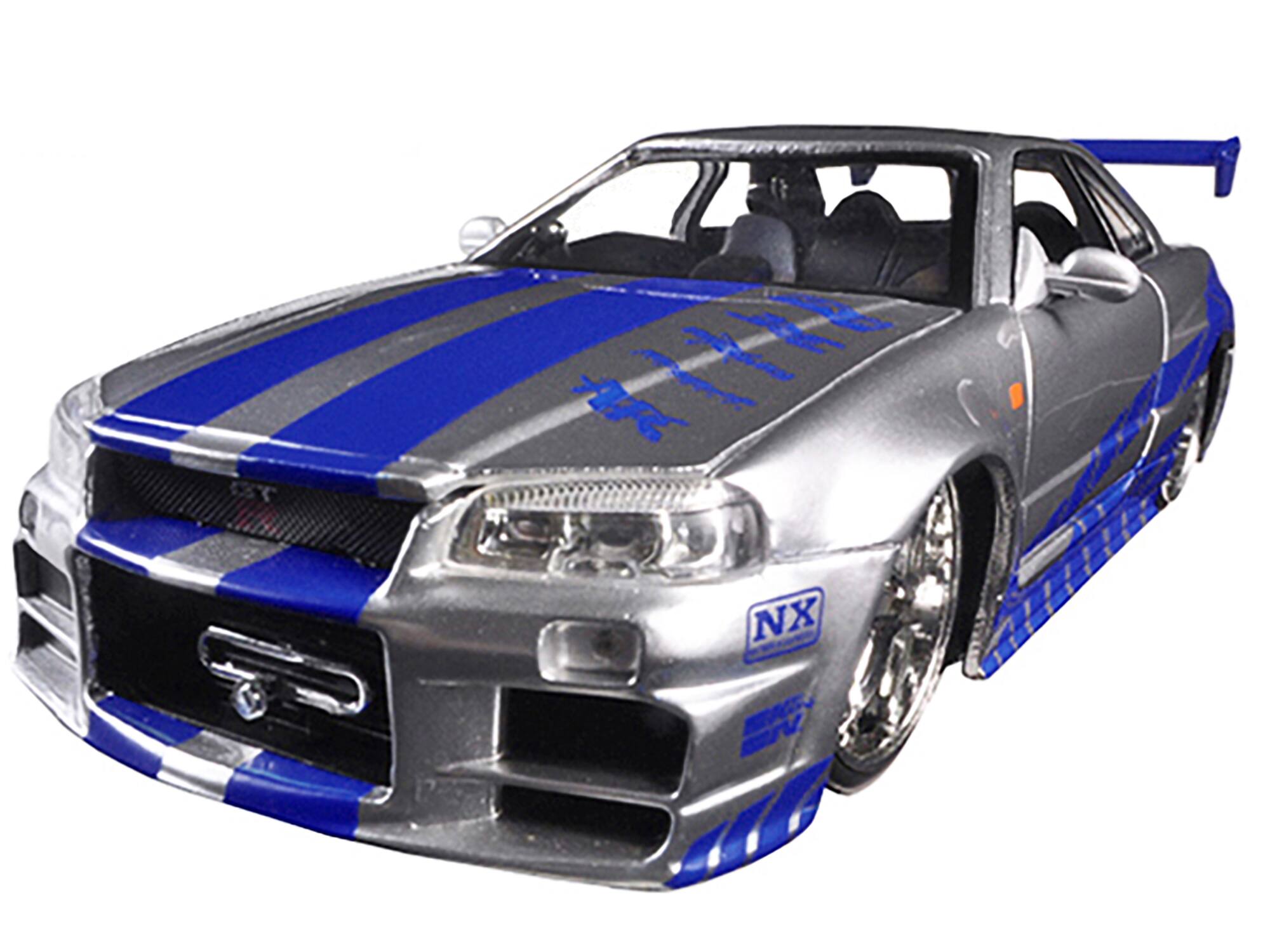 Alt View 1. Jada - Brian's Nissan GTR Skyline R34 RHD Silver with Blue Stripes "Fast & Furious 25th Anniversary" 1/24 Model Car by Jada.