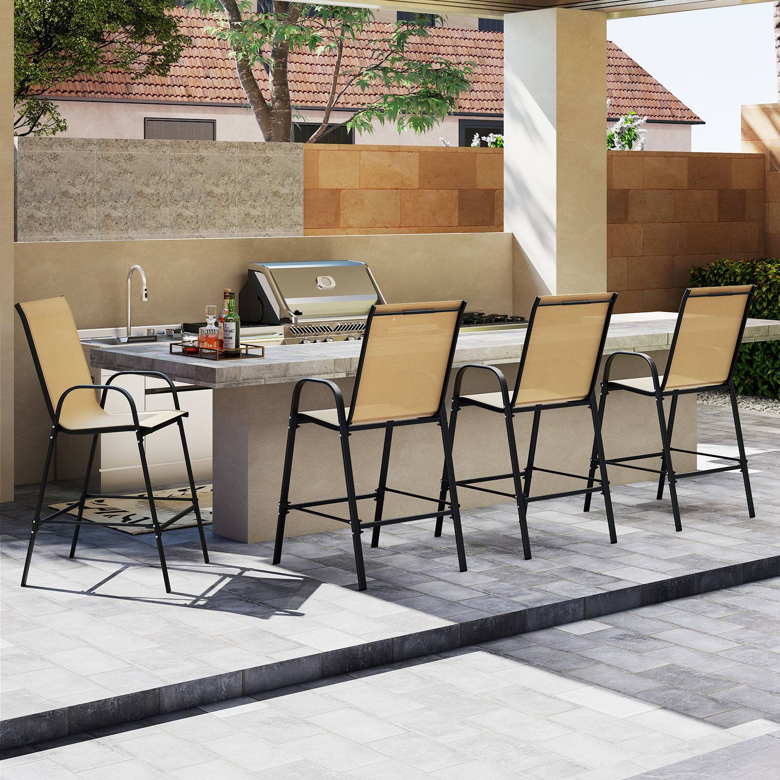 Alt View 1. Gymax - Gymax 4PCS Outdoor Bar Stools 29'' Fabric Bar Height Stools w/ Armrests & Footrest Beige - Beige.