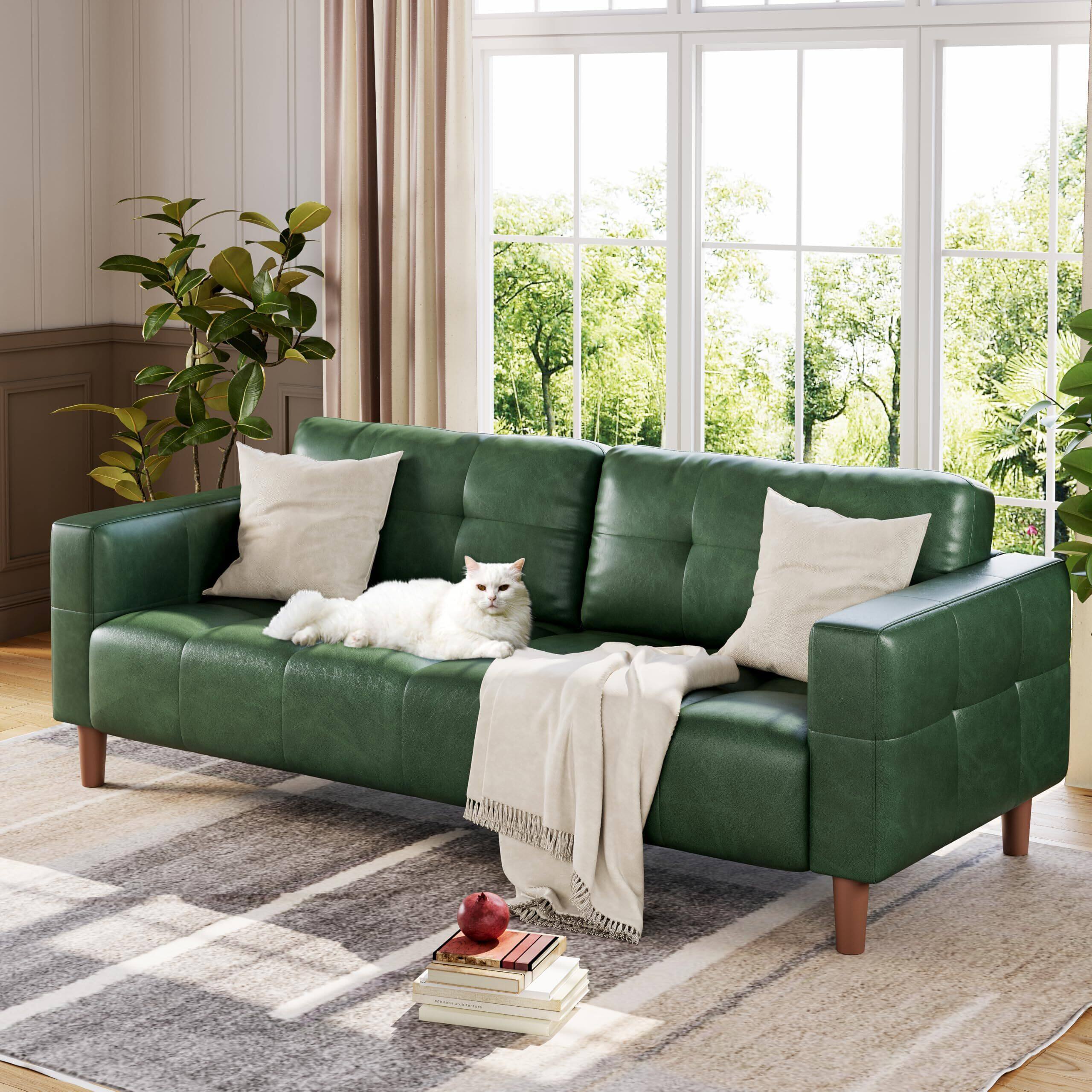 Front. Acekool - 3-Seater Sofa Couch, 83" Wide Faux Leather Sofa Couch with Spring Cushion, - Green.