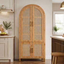 RYHNUYNE - Freestanding 71 Inch Tall Arched Cabinet with Rattan Doors and Adjustable Shelves - Oak