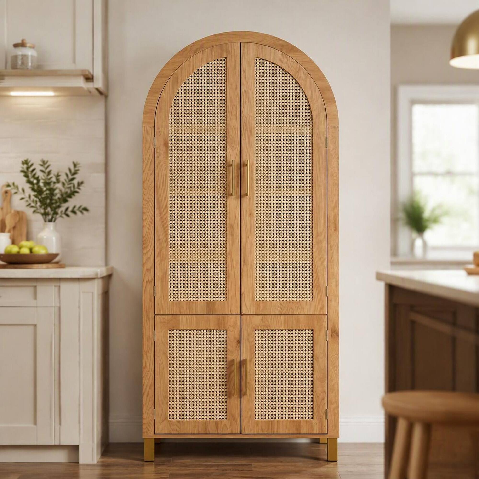Front. RYHNUYNE - Freestanding 71 Inch Tall Arched Cabinet with Rattan Doors and Adjustable Shelves, Oak - Oak.
