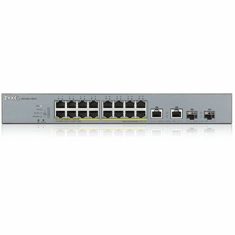 ZYXEL GS1350-18HP

- 18 x 10/100/1000BASE-T RJ45 ports
- 2 x SFP ports
- 1 x Console port
- 1 x USB port
- 1 x Power port

- Model: GS1350-18HP
- Serial Number: NATR 00000
- A D DO