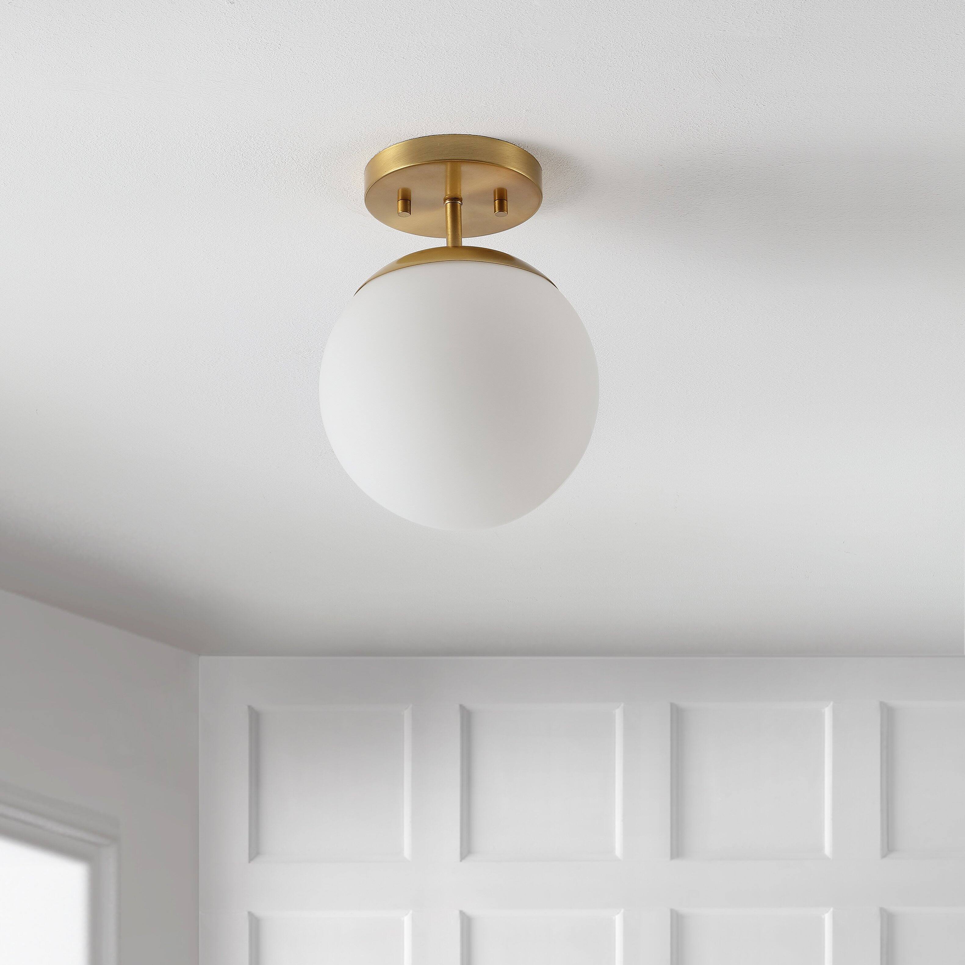 Alt View 5. Jonathan Y - Marcel Bistro 7.75" 1-Light Bohemian Farmhouse Iron/Frosted Glass LED Semi Flush Mount, Brass Gold/White - Brass Gold.