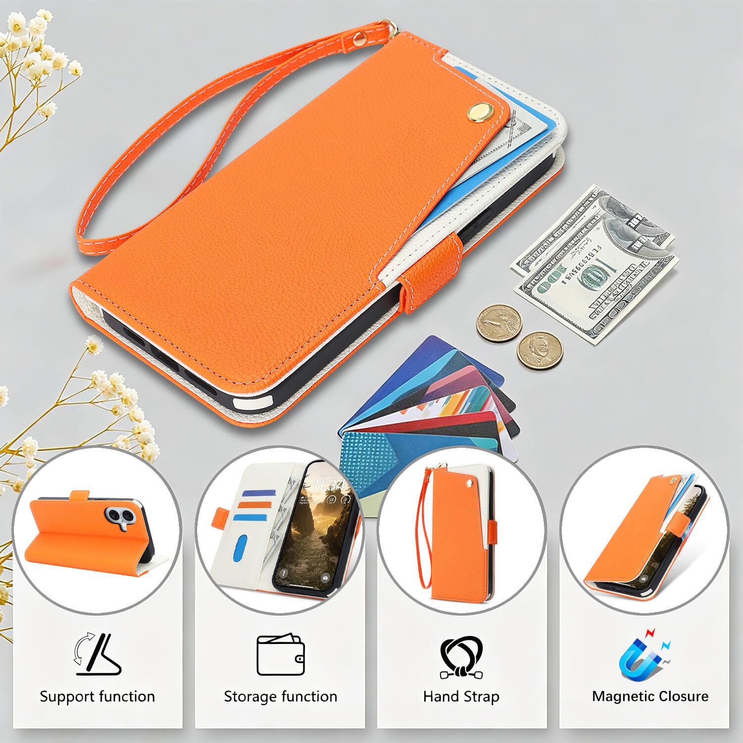 ME. | SOD SCRS SEVEN RT - : POE 11:34 Support function Storage function - Hand Strap Magnetic Closure