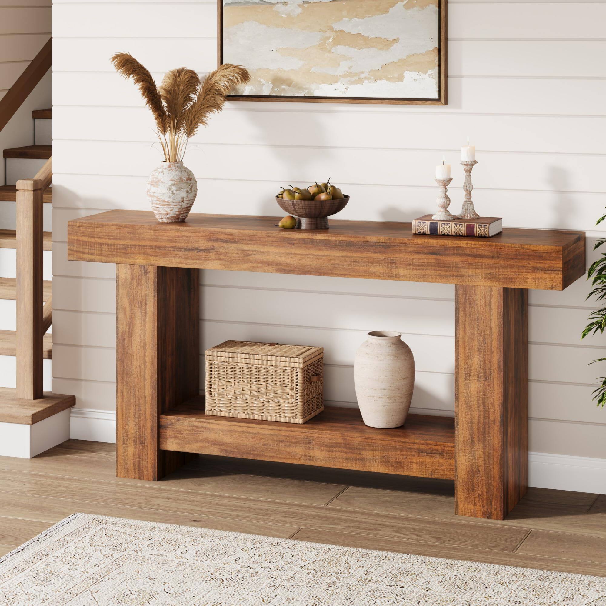 Front. Qeetex - 63" Farmhouse Console Table for Entryway, 2-Tier Sofa Table with Storage for Living Room & Hallway - Brown.