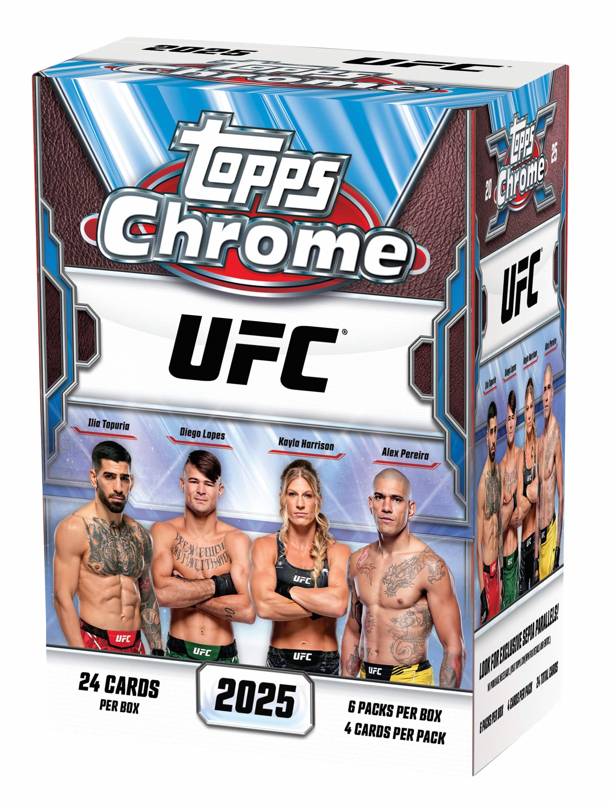 The text on the image is grouped and corrected as follows:
"Tops Chromium UFC Box Set - 2025 Edition - 24 Cards Per Box - 6 Packs Per Box - 4 Cards Per Pack - Semi-Premium Edition - Featuring Topuria, Diego Lopes, Kayla Horrison, Alex Pereira - UFC - UFC - UFC - 2025 - 24 Cards Per Box - 6 Packs Per Box - 4 Cards Per Pack - Semi-Premium Edition - Featuring Topuria, Diego Lopes, Kayla Horrison, Alex Pereira - UFC - UFC - UFC - 2025 - 24 Cards Per Box - 6 Packs Per Box - 4 Cards Per Pack - Semi-Premium Edition - Featuring Topuria, Diego Lopes, Kayla Horrison, Alex Pereira - UFC - UFC - UFC - 2025 - 24 Cards Per Box - 6 Packs Per Box - 4 Cards Per Pack - Semi-Premium Edition - Featuring Topuria, Diego Lopes, Kayla Horrison, Alex Pereira - UFC - UFC - UFC - 2025 - 24 Cards Per Box - 6 Packs Per Box - 4 Cards Per Pack - Semi-Premium Edition - Featuring Topuria, Diego Lopes, Kayla Horrison, Alex Pereira - UFC - UFC - UFC - 2025 - 24 Cards Per Box - 6 Packs Per Box - 4 Cards Per Pack - Semi-Premium Edition - Featuring Topuria, Diego Lopes, Kayla Horrison, Alex Pereira - UFC - UFC - UFC - 2025 - 24 Cards Per Box - 6 Packs Per Box - 4 Cards Per Pack - Semi-Premium Edition - Featuring Topuria, Diego Lopes, Kayla Horrison, Alex Pereira - UFC - UFC - UFC - 2025 - 24 Cards Per Box - 6 Packs Per Box - 4 Cards Per Pack - Semi-