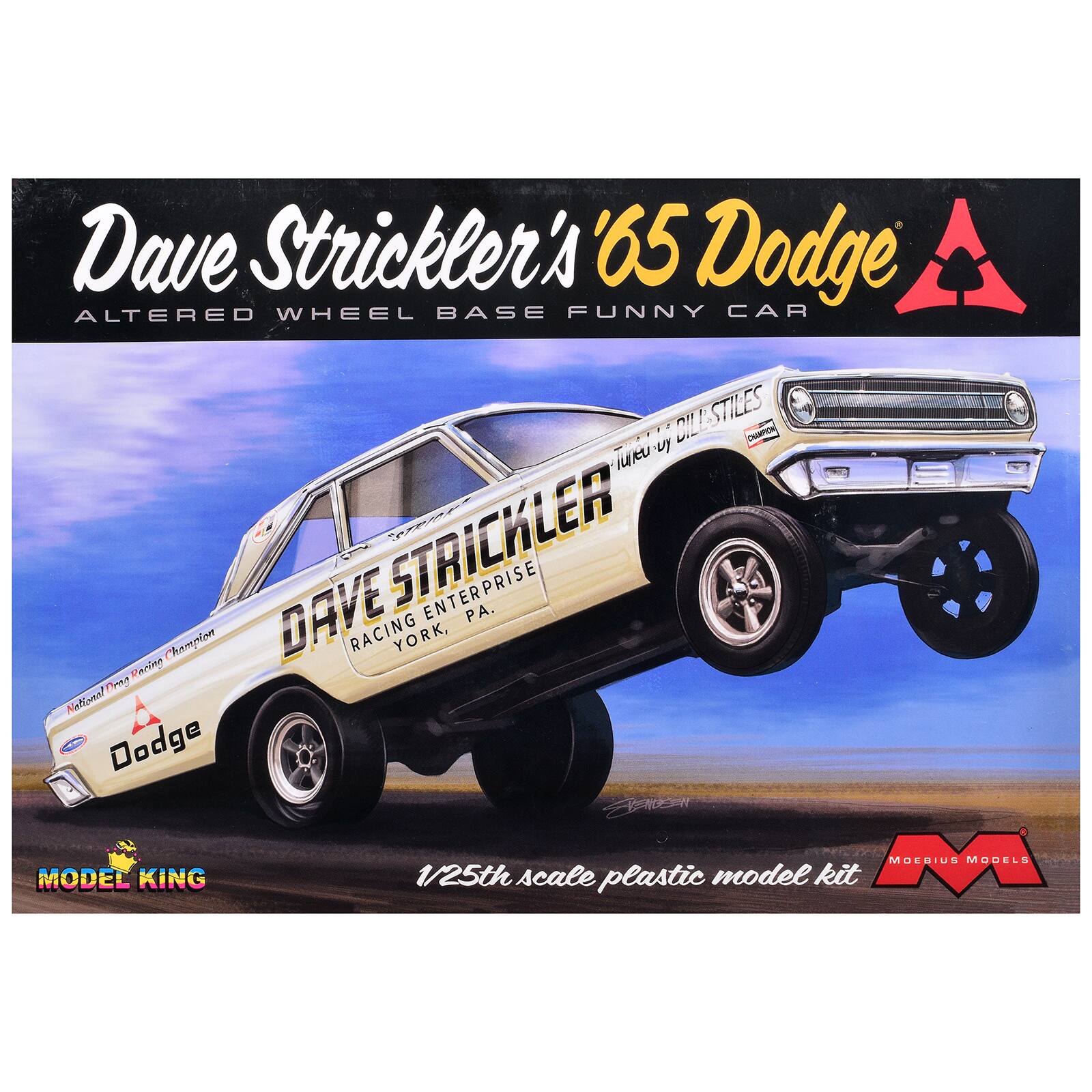 Dave Strickler's '65 Dodge  
ALTERED WHEEL BASE FUNNY CAR  
DILLA STILES  
luted ml STRICKLER "STRICK"  
DAVE RACING YORK, ENTERPRISE PA.  
Racing Champion Drag National Dodge  
SKEHRESH M MODELS  
MODEL KING  
1/25th scale plastic model kit