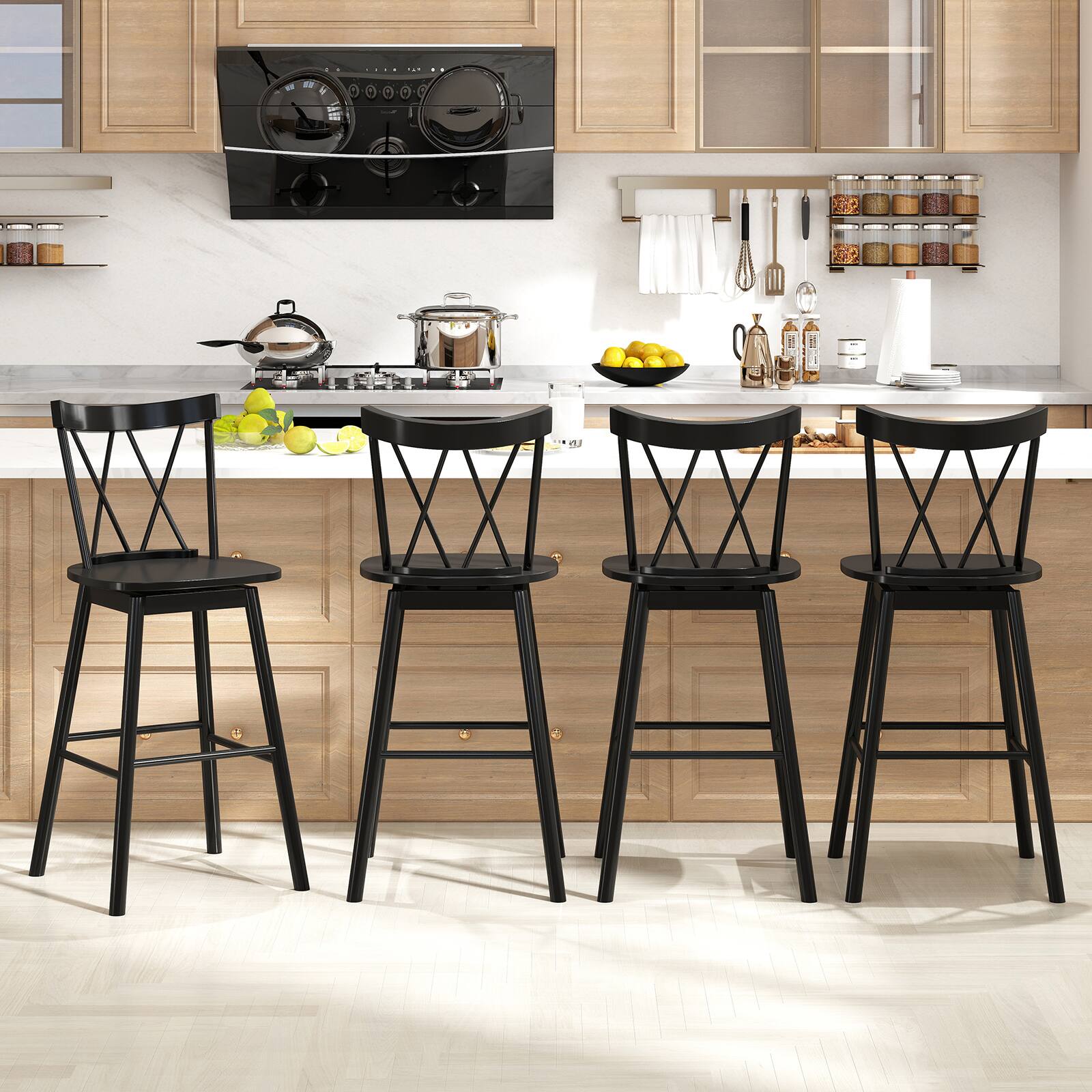 Alt View 1. Gymax - Gymax Windsor Bar Stool Set of 4 29'' Swivel Rubber Wood Dining Chairs Spacious Seat Black - Black.