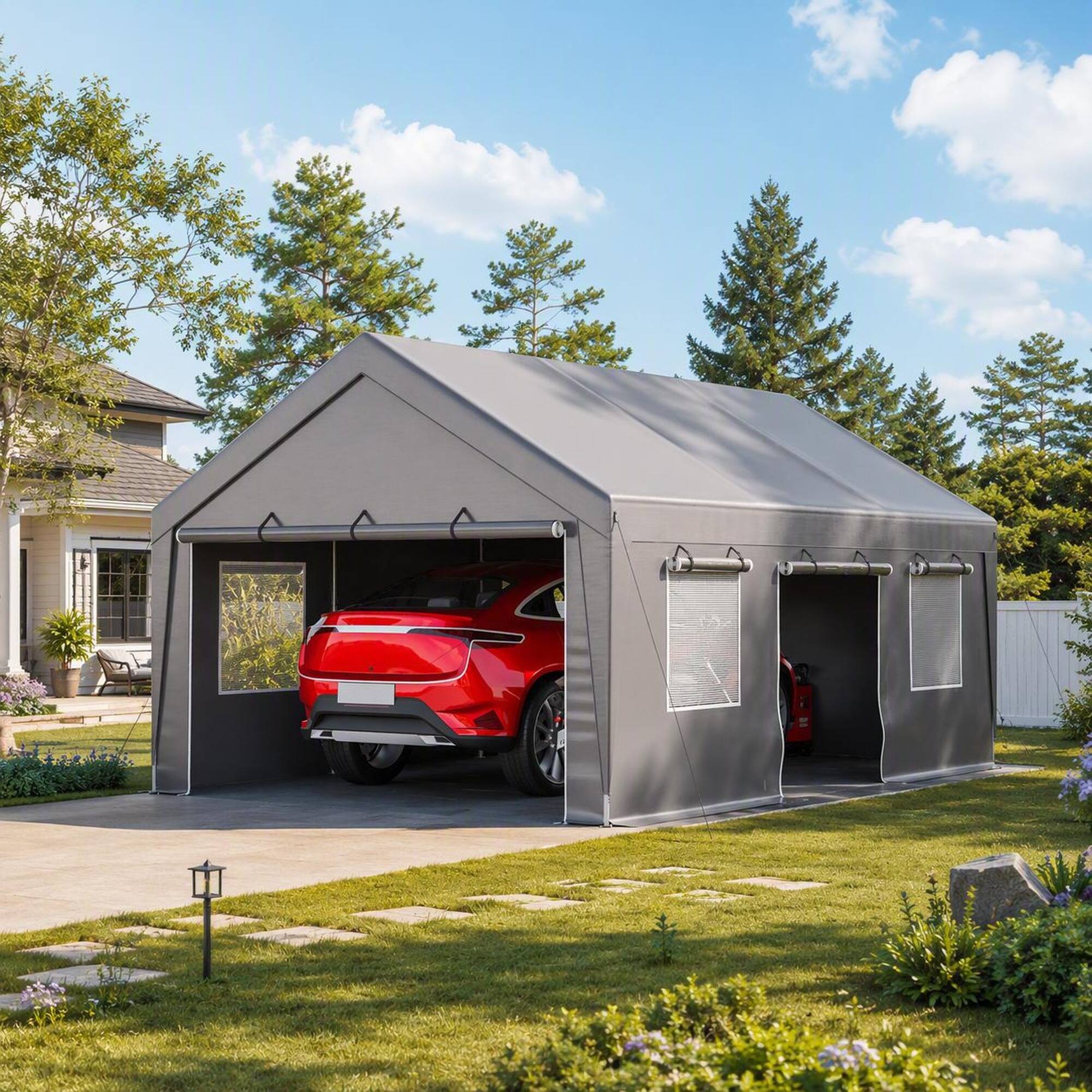 Angle. RYHNUYNE - 13x20 ft Canopy Dual Roll-Up Doors Waterproof Shelter Car Boat Patio Party Grey - Silver.