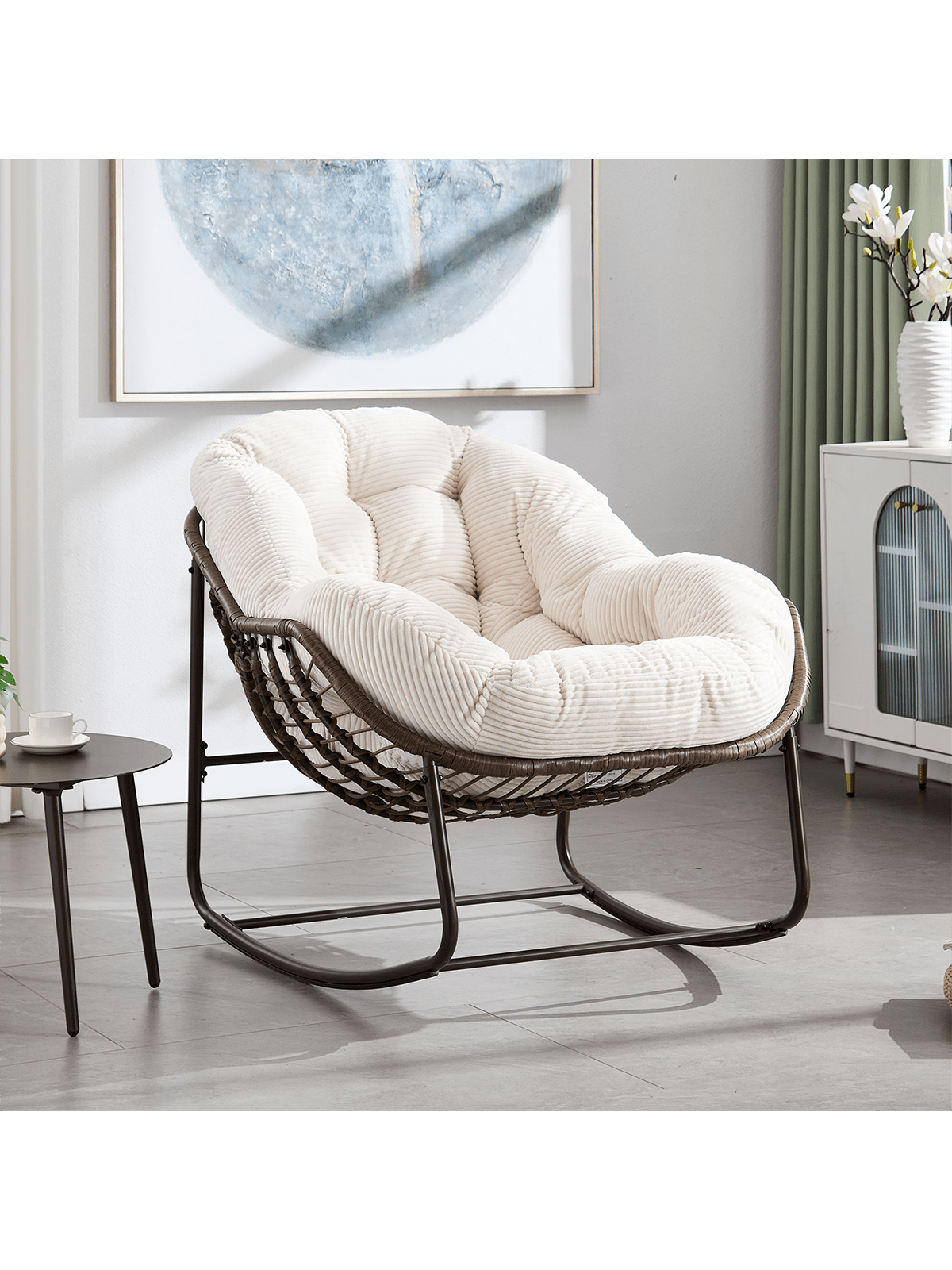 Angle. Trinkets Crazed - Outdoor Indoor Rocking Chair Set Of 2, Oversized Patio Papasan Rocking Egg Chair With Padded Cushion - Beige.
