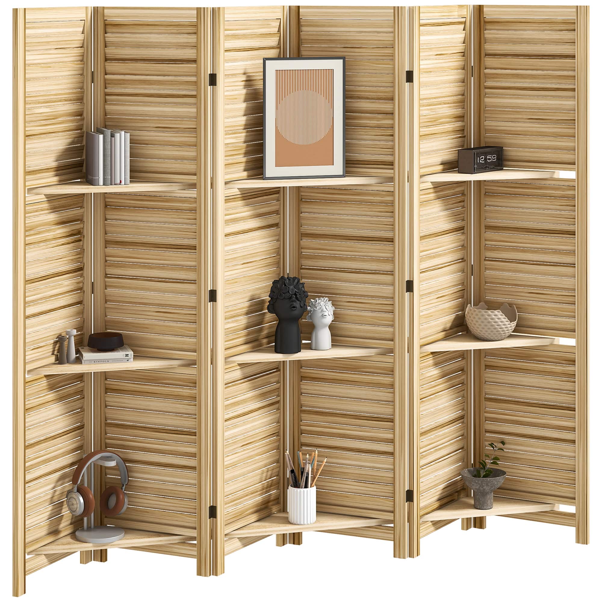 Homcom - Room Divider, 6 Panel 67" Tall Wood Privacy Screen with 3 Display Shelves, and Folding Storage for Bedroom - natural