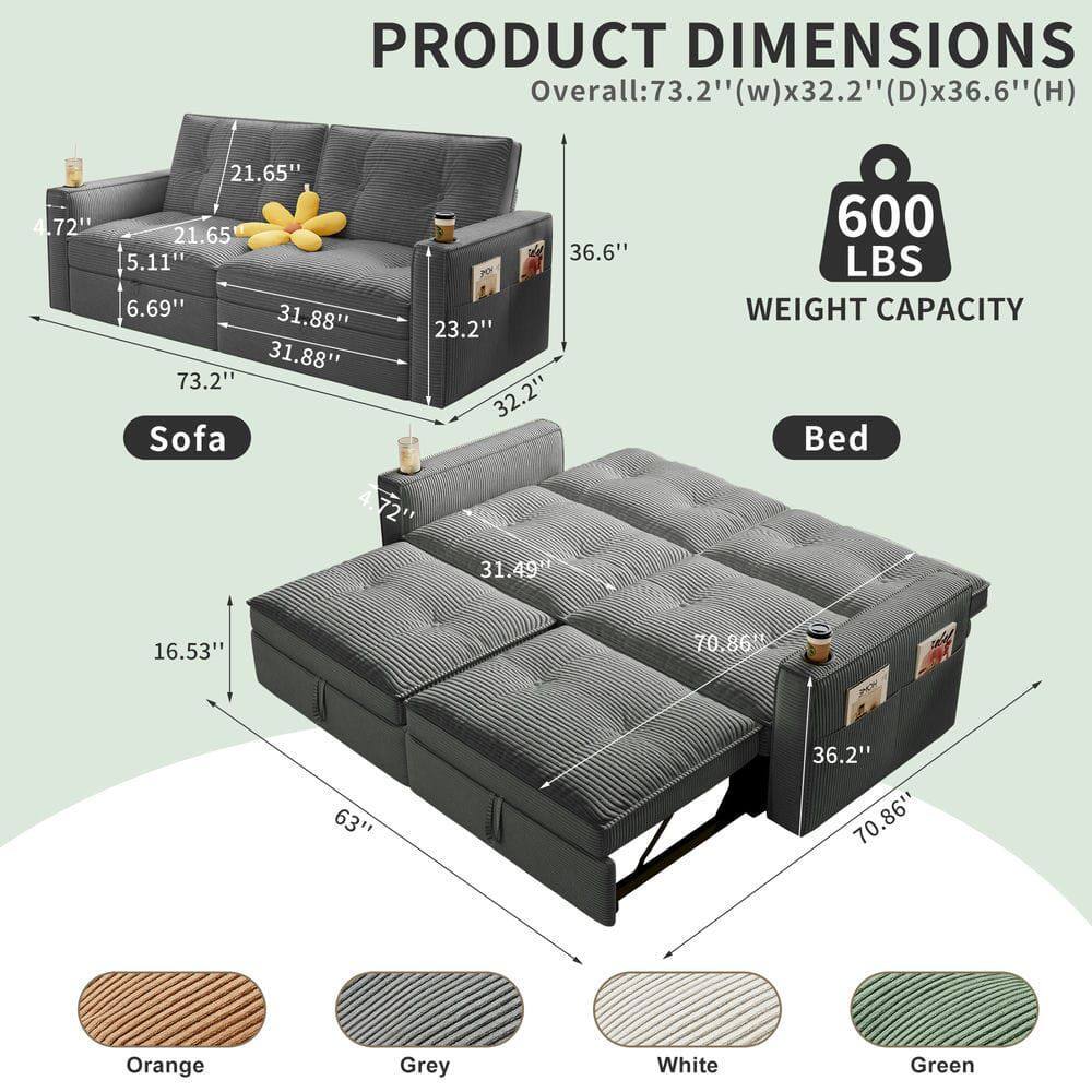 **PRODUCT DIMENSIONS**

**Overall:** 73.2" (w) x 32.2" (D) x 36.6" (H)

**Sofa:**
- 73.2"
- 32.2"
- 21.65"
- 21.65"
- 5.11"
- 6.69"
- 31.88"
- 31.88"
- 23.2"

**Bed:**
- 70.86"
- 70.86"
- 36.2"
- 63"
- 16.53"
- 31.49"

**WEIGHT CAPACITY:** 600 LBS

**Colors:**
- Orange
- Grey
- White
- Green