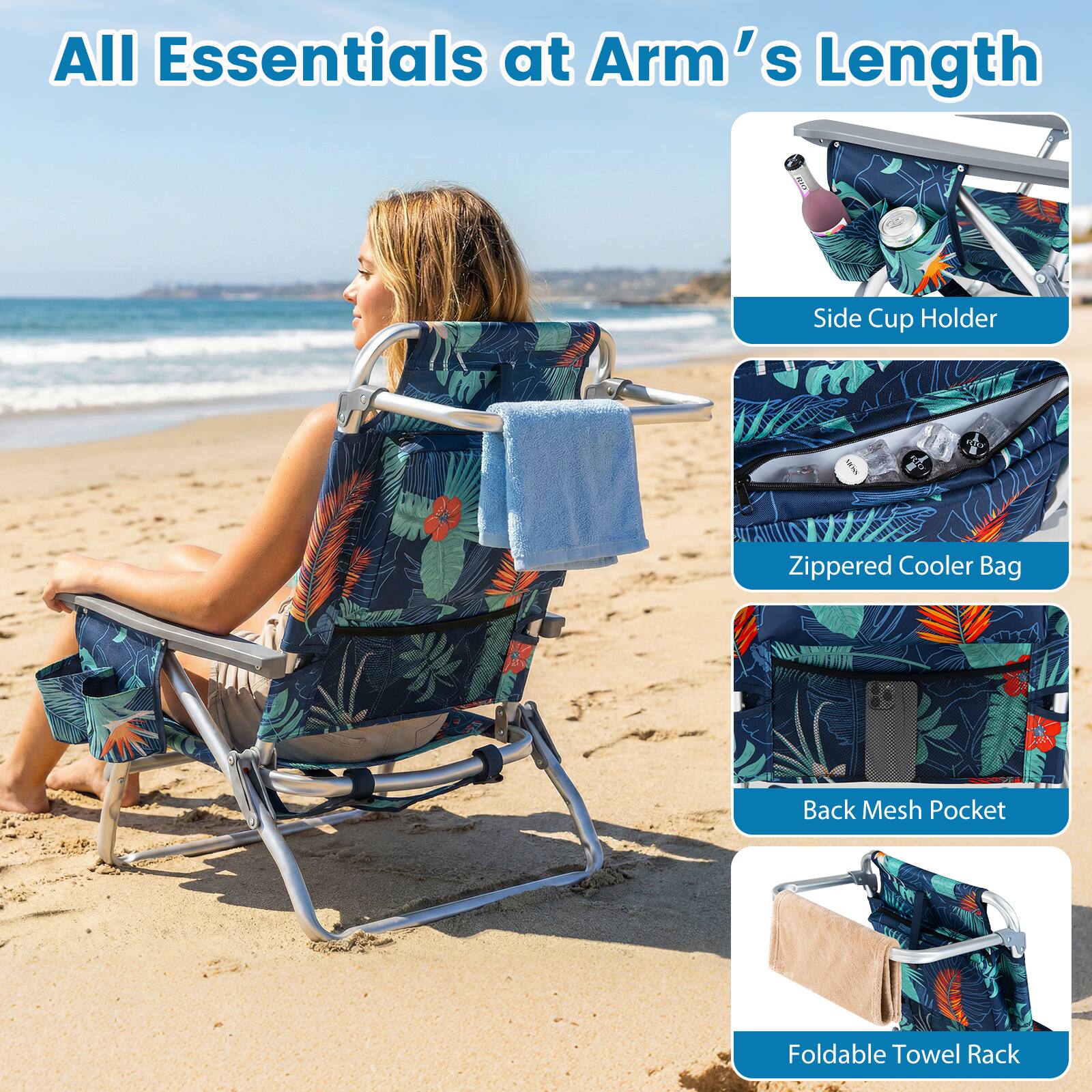 All Essentials at Arm's Length

- Side Cup Holder
- Zippered Cooler Bag
- Back Mesh Pocket
- Foldable Towel Rack
