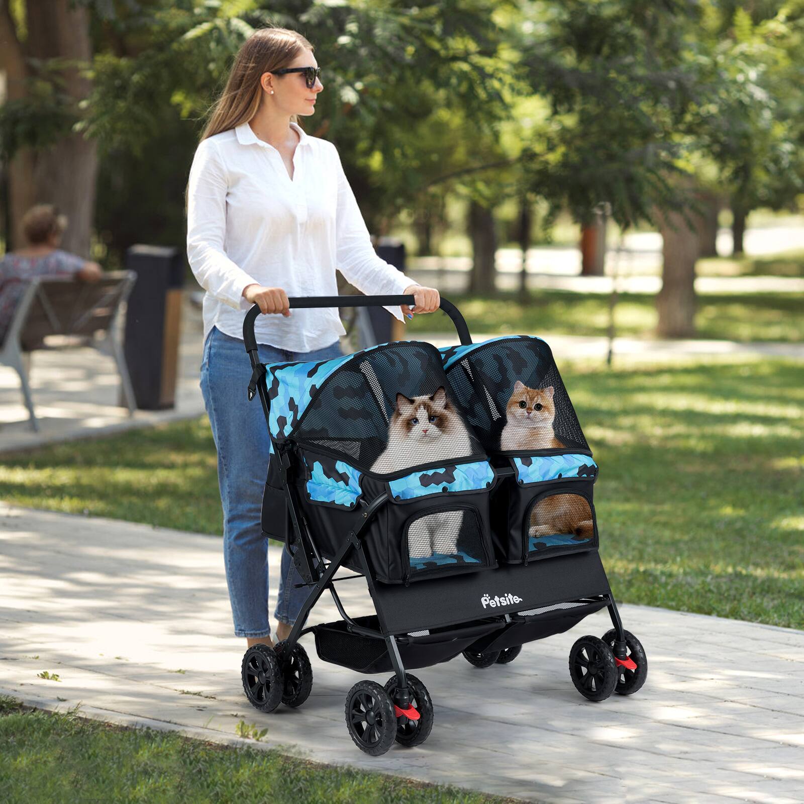 Alt View 4. Gymax - Gymax Double Pet Stroller w/ 2-seater Carrier Adjustable Sunshade Removable Pad Navy Blue.