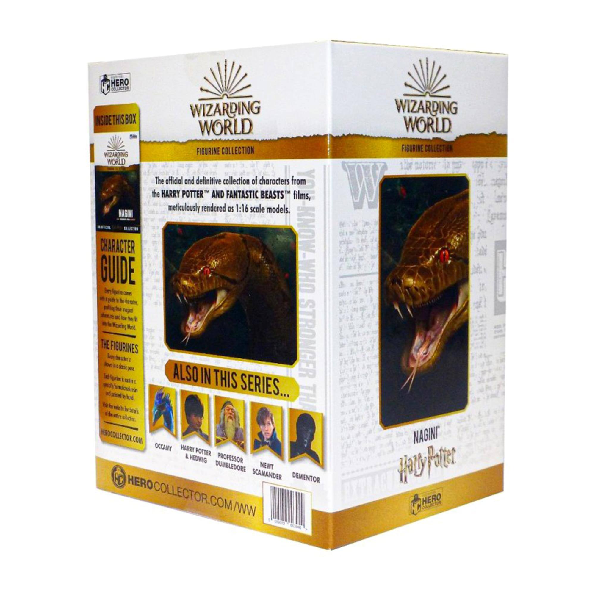 **HERO WIZARDING WORLD FIGURINE COLLECTION**

**WIZARDING WORLD**

The official and definitive collection of characters from the HARRY POTTER AND FANTASTIC BEASTS™ films, meticulously rendered as 1:16 scale models.

**INSIDE THIS BOX**

**NAGINI**

**CHARACTER GUIDE**

**THE FIGURINES**

**ALSO IN THIS SERIES...**

- OCCAMY & HEDWIG
- HARRY POTTER
- PROFESSOR DUMBLEDORE
- NEWT SCAMANDER
- DEMENTOR

**HEROCOLLECTOR.COM/WW**

**HERO**