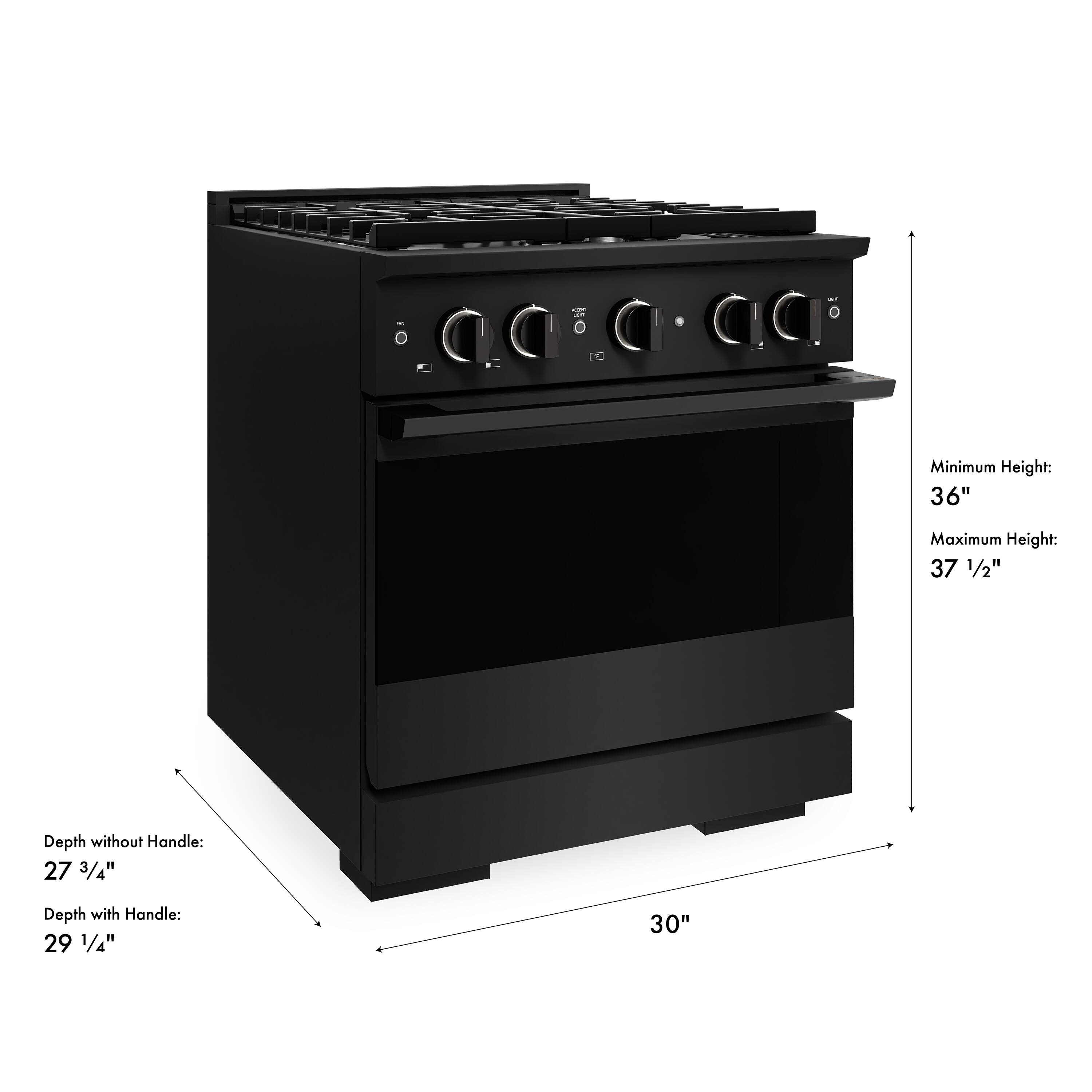 Minimum Height: 36"  
Maximum Height: 37 1/2"  
Depth without Handle: 27 3/4"  
Depth with Handle: 29 1/4"  
Width: 30"