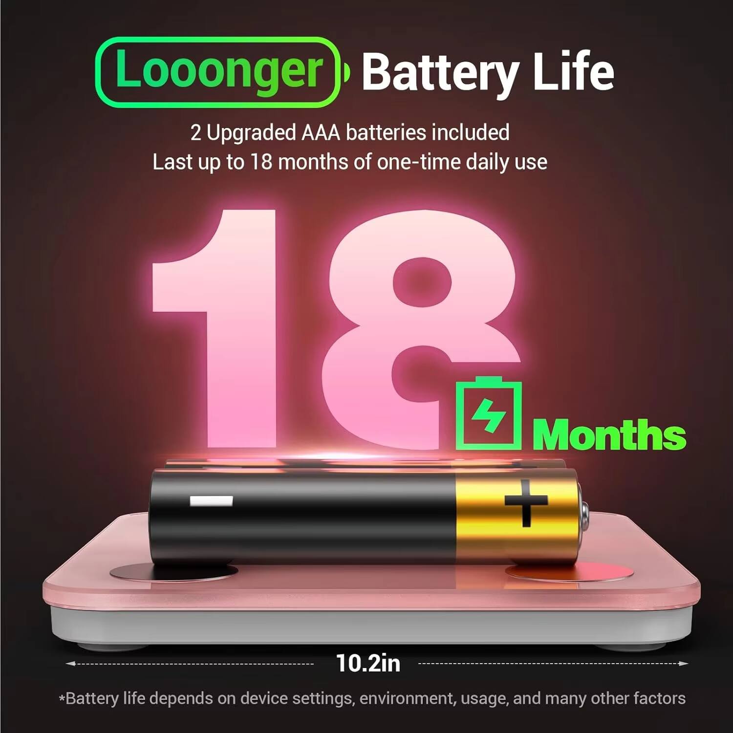Looonger Battery Life  
2 Upgraded AAA batteries included  
Last up to 18 months of one-time daily use  

18 Months  

10.2in  

*Battery life depends on device settings, environment, usage, and many other factors