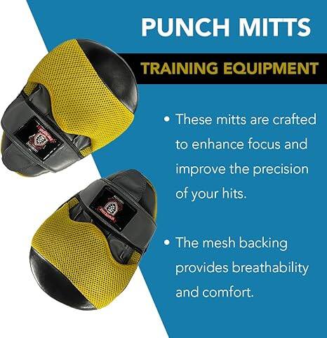 PUNCH MITTS  
TRAINING EQUIPMENT  

- These mitts are crafted to enhance focus and improve the precision of your hits.  
- The mesh backing provides breathability and comfort.