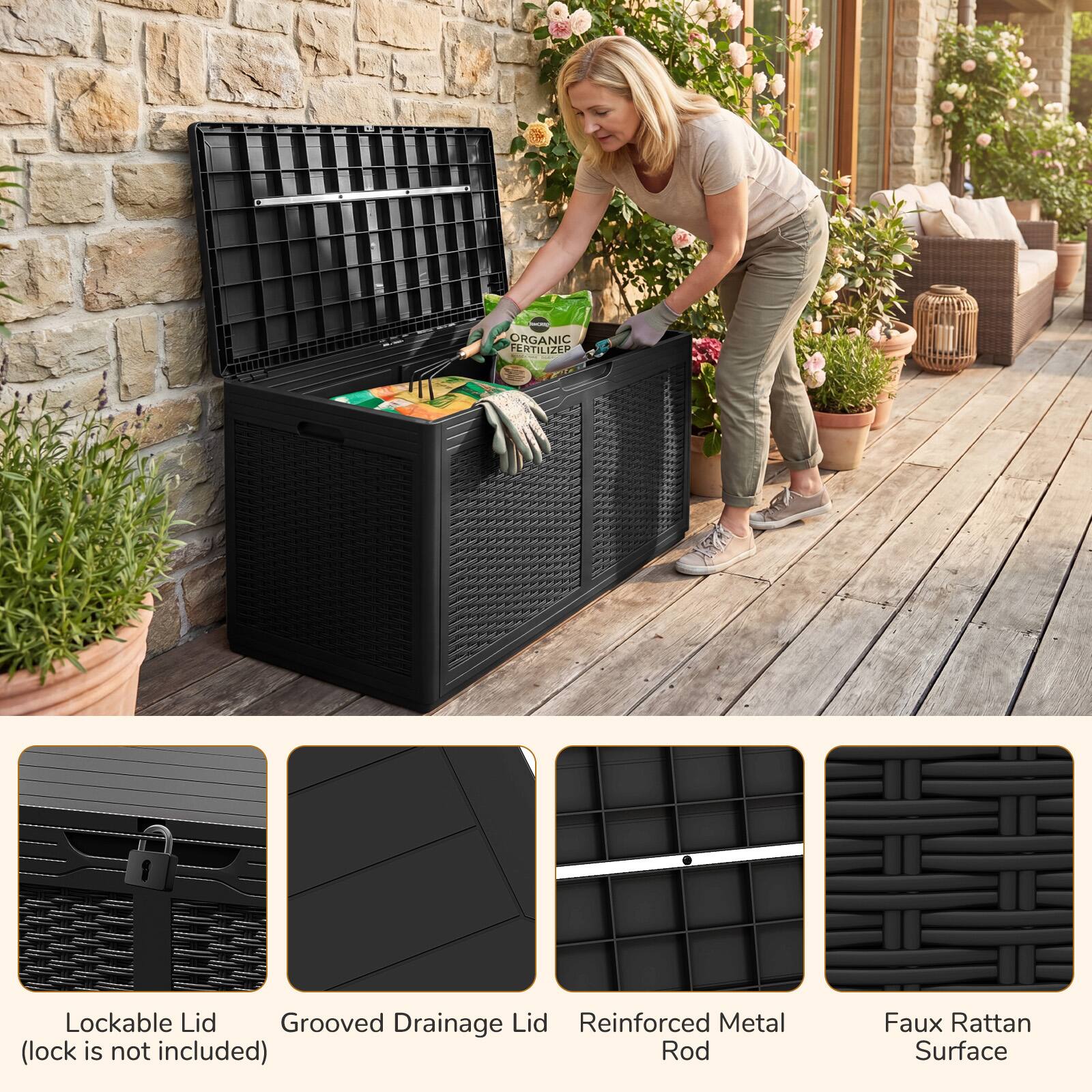 ORGANIC FERTILIZER

Lockable Lid
Grooved Drainage Lid
Reinforced Metal Rod
Faux Rattan Surface

(lock is not included)