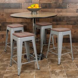 Emma + Oliver - 24" High Metal Counter-Height, Indoor Bar Stool with Wood Seat - Stackable Set of 4 - Silver