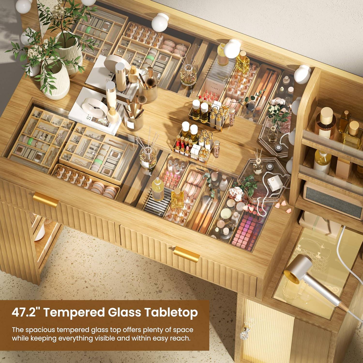 47.2" Tempered Glass Tabletop

The spacious tempered glass top offers plenty of space while keeping everything visible and within easy reach.
