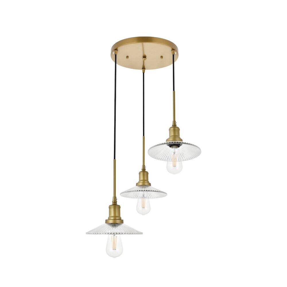 Alt View 3. Living District - Waltz 3 Light Brass Pendant - Brass And Clear.