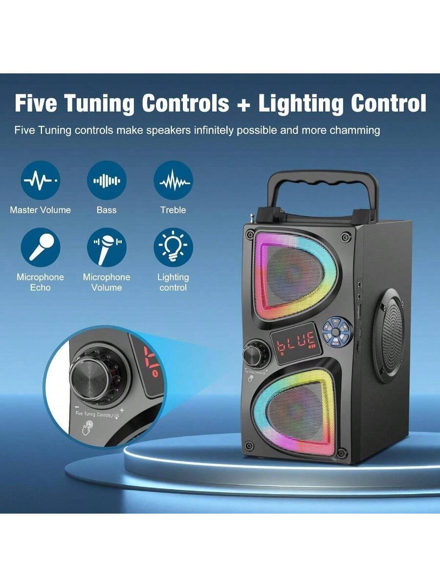 Five Tuning Controls + Lighting Control

Five Tuning controls make speakers infinitely possible and more charming

- Master Volume
- Bass
- Treble
- Microphone Echo
- Microphone Volume
- Lighting control

Five Tuning Controls + Lighting Control