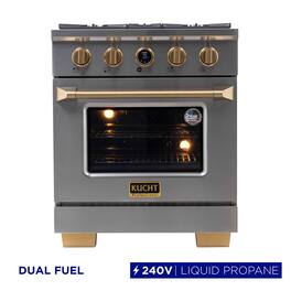 30 in. 4.2 cu. ft. Dual Fuel Range, 4 Burners, LP, SS w/ Gold Accents, Kucht Horus Thermostat - Stainless Steel & Gold