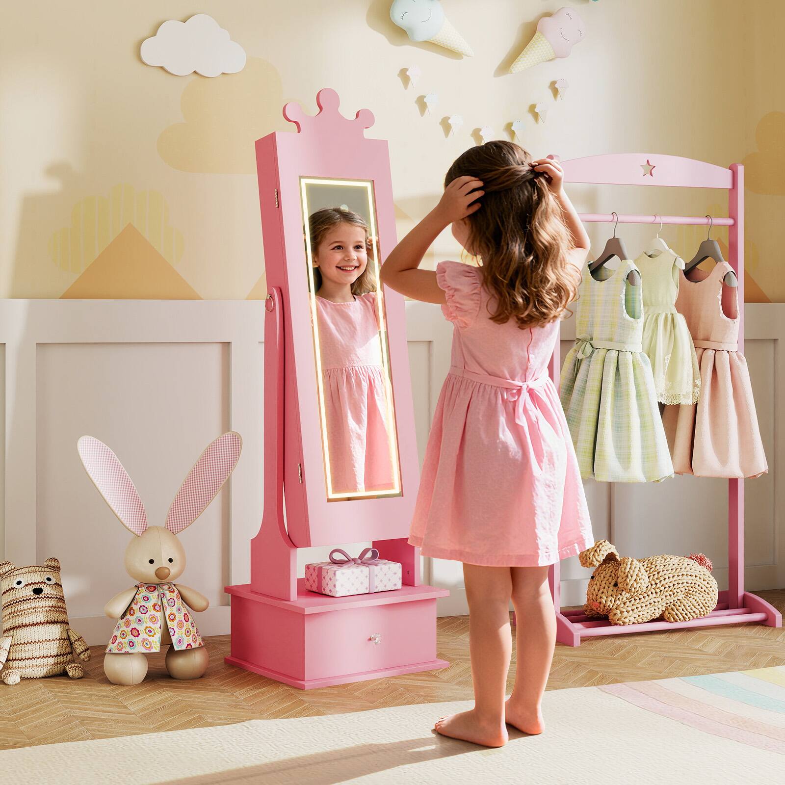 Alt View 1. Gymax - Gymax Kids Jewelry Armoire w/3-Color Lighted Full Length Mirror & Inside Led Lights Pink - Pink.