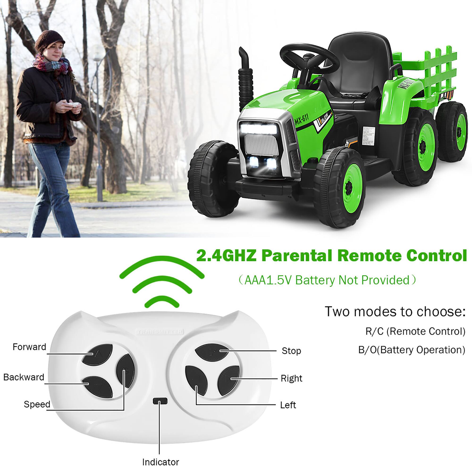MX-611  
2.4GHz Parental Remote Control (AAA1.5V Battery Not Provided)  

Two modes to choose:  
R/C (Remote Control)  
B/O (Battery Operation)  

Forward  
Backward  
Right  
Left  
Stop  
Speed  
Indicator