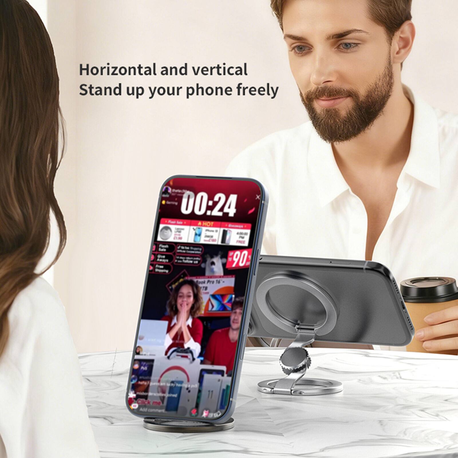 Horizontal and vertical Stand up your phone freely

00:24 HOT IV
90

Pro TO

Click me Add