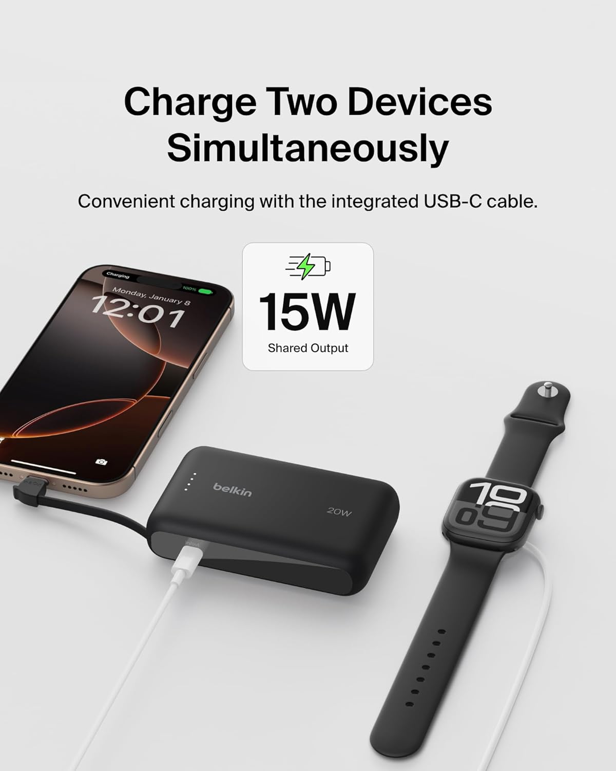 Belkin BOOST↑CHARGE Power Bank with Integrated Cable 10K PD 20W