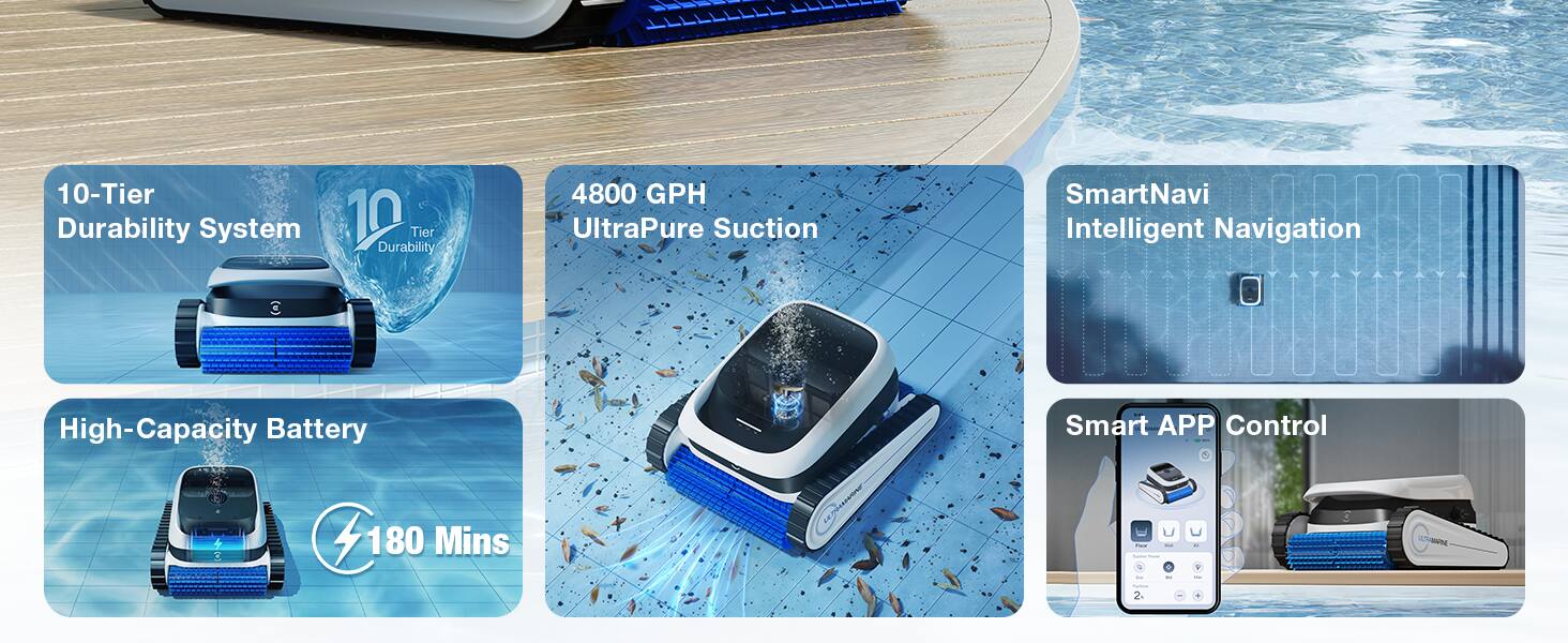 10-Tier Durability System  
10 Tier Durability  
4800 GPH UltraPure Suction  
SmartNavi Intelligent Navigation  
High-Capacity Battery  
180 Mins  
Smart APP Control