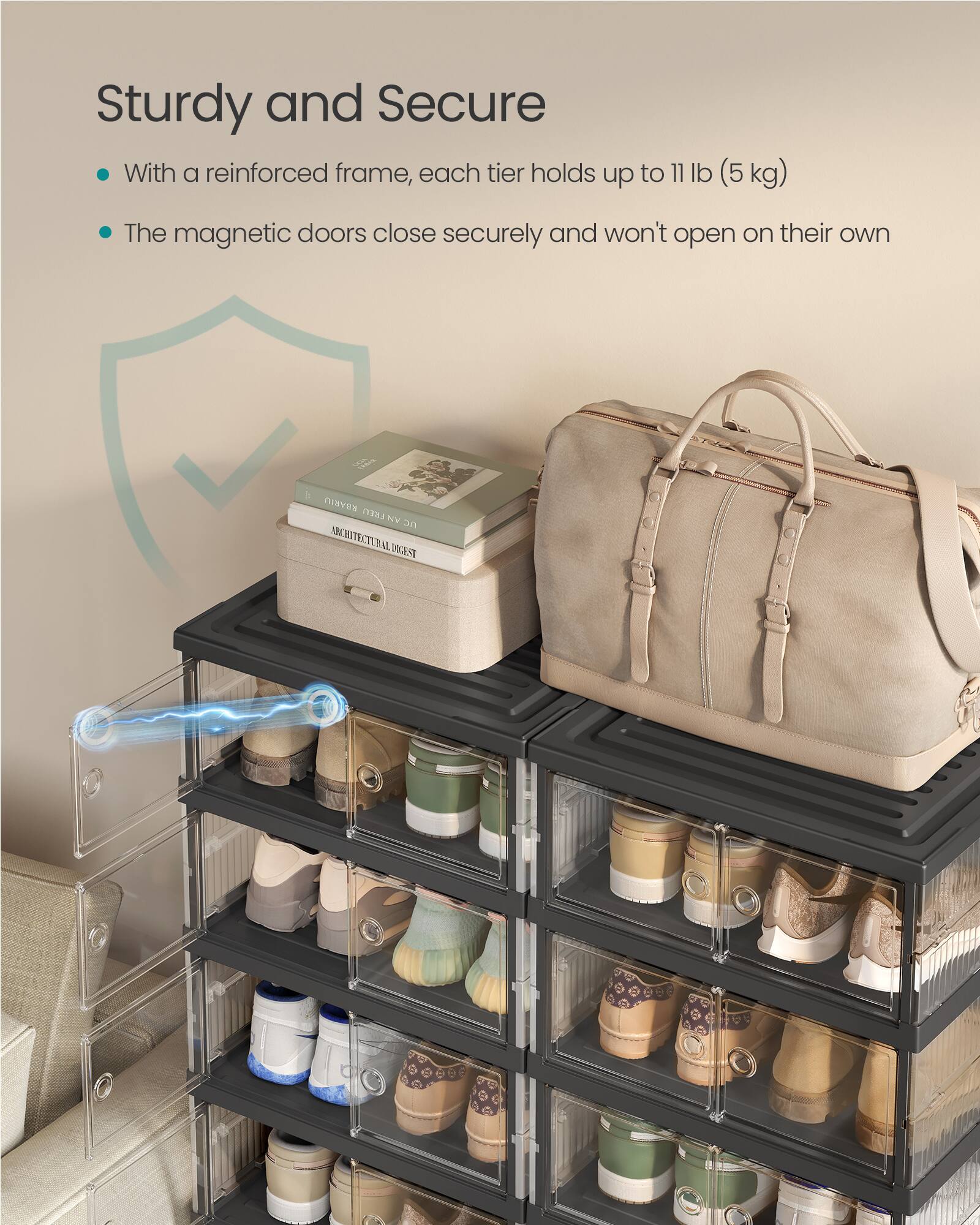 Sturdy and Secure

- With a reinforced frame, each tier holds up to 11 lb (5 kg)
- The magnetic doors close securely and won't open on their own