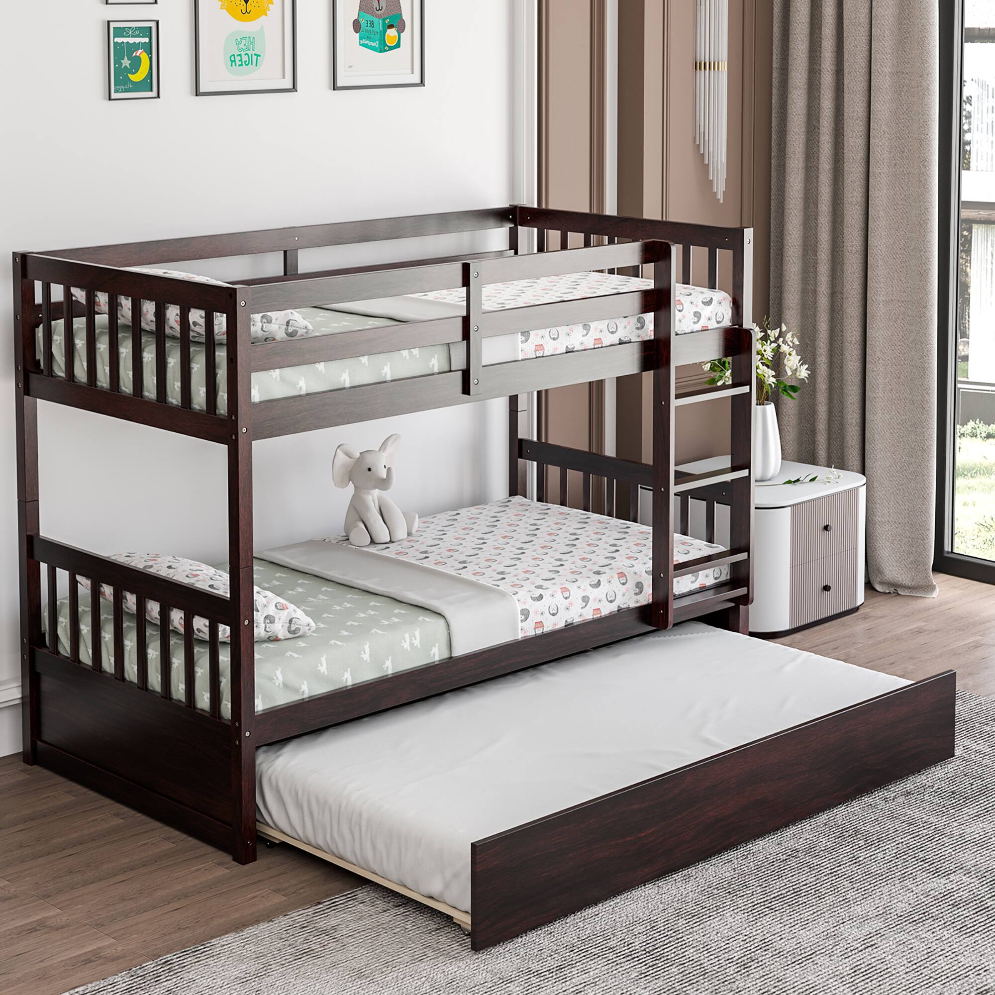 Alt View 1. Costway - Costway Twin Over Twin Bunk Bed with Twin Trundle Solid Wood Frame - Espresso.