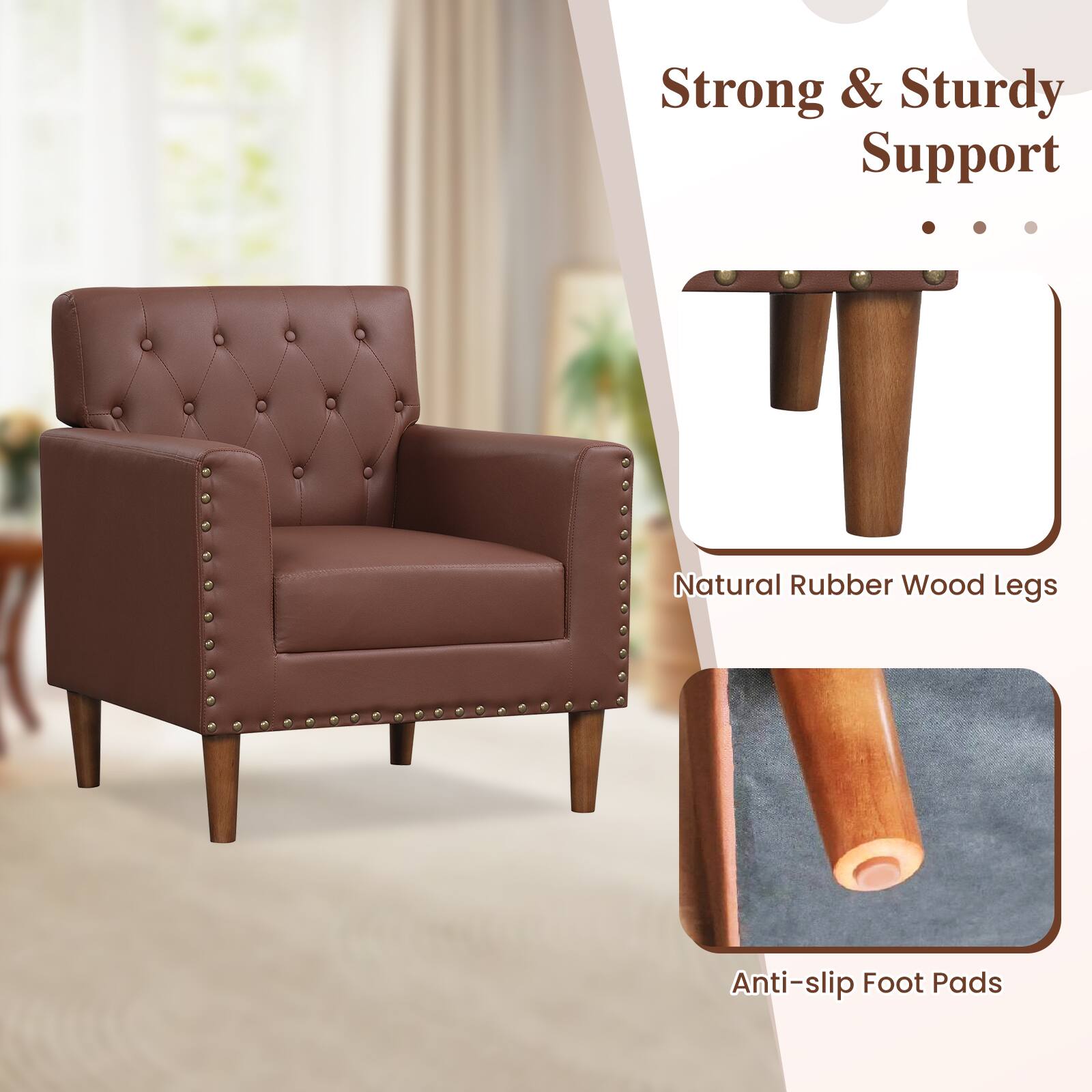 Strong & Sturdy Support  
Natural Rubber Wood Legs  
Anti-slip Foot Pads