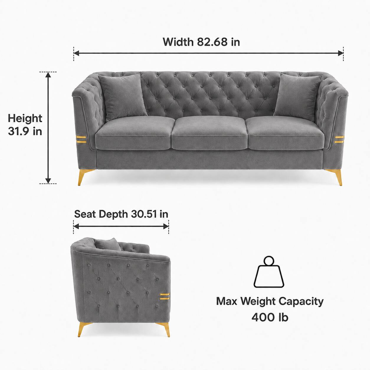 Width 82.68 in  
Height 31.9 in  
Seat Depth 30.51 in  
Max Weight Capacity 400 lb