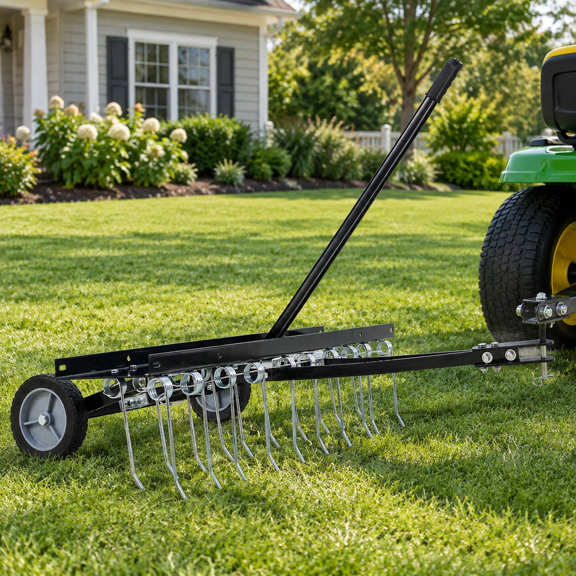 Angle. RYHNUYNE - 40-Inch Tow Behind Dethatcher, Lawn Sweeper Attachment, 20 Heat-Treated Tines, 7-Inch Flat Free Wheels, 70 lbs Weight - Black.