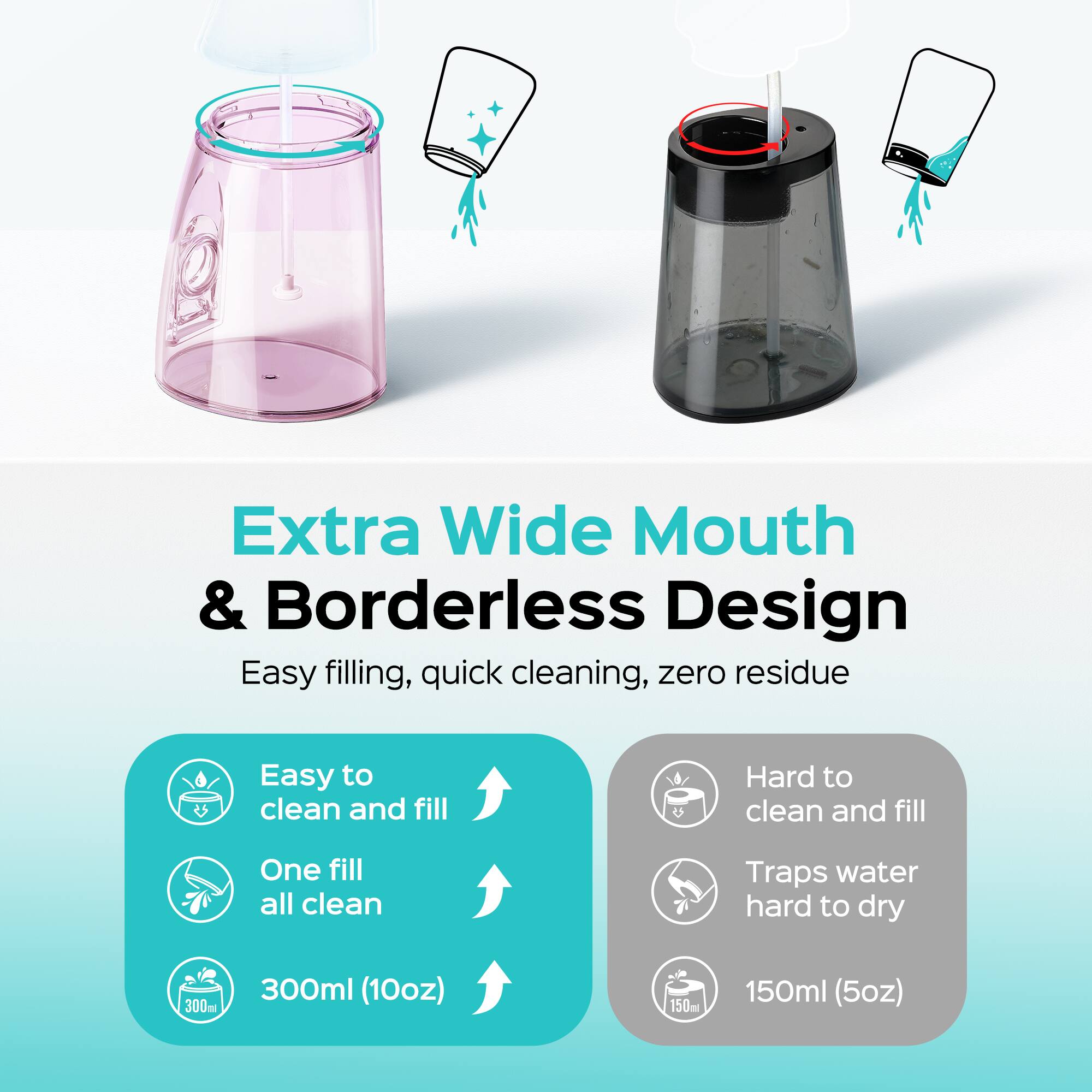 Extra Wide Mouth & Borderless Design  
Easy filling, quick cleaning, zero residue  
Easy to clean and fill  
One fill all clean  
Traps water hard to dry  
300ml (10oz)  
150ml (5oz)