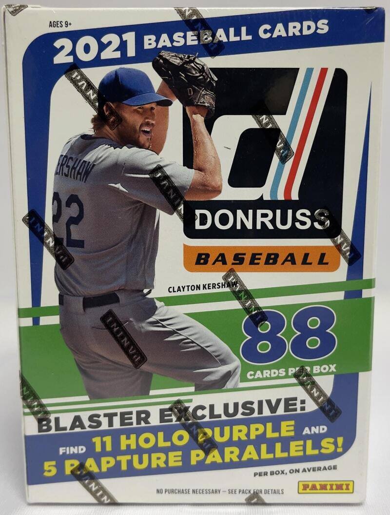 AGES 9+ BASEBALL CARDS 2021 PA IN ERSKAW 22 DONRUSS VANIN BASEBALL NV CLAYTON KERSHAW ININVA 88 CARDS P BOX BLASTER EXCLUSIVE: PURPLE AND FIND 11 HOLO PARALLELS! 5 RAPTURE PER BOX, ON AVERAGE NO PURCHASE NECESSARY SEE PACK FOR DETAILS