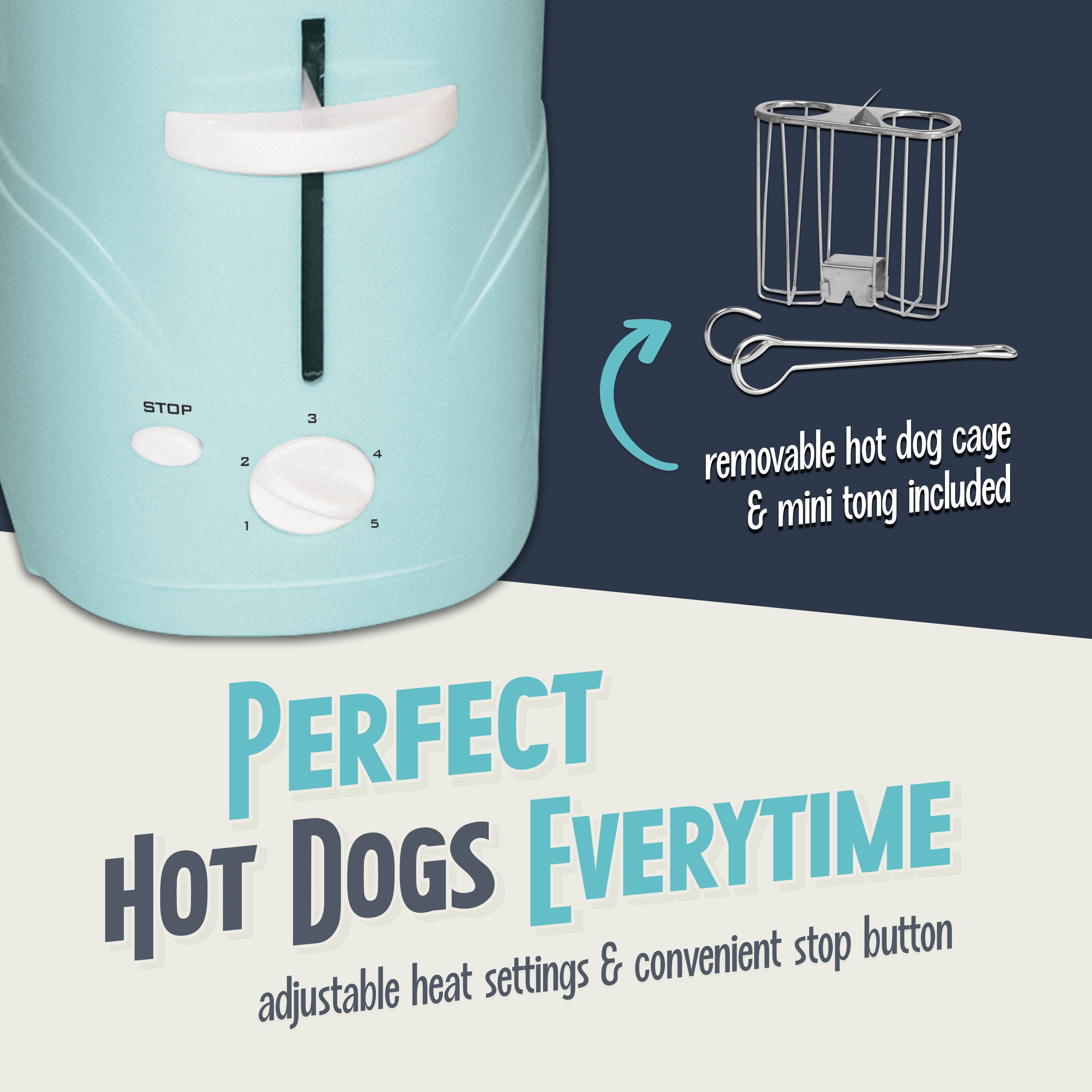 STOP 2 1 3 4 5 C removable hot dog cage & mini tong included  
PERFECT HOT DOGS EVERYTIME  
adjustable heat settings & convenient stop button