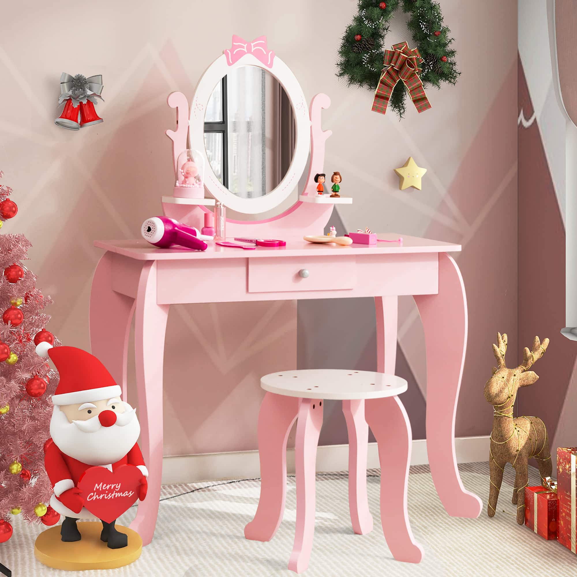 Costway - Kid Vanity Table Stool Set with Adjustable Mirror Storage Drawer Makeup - White/Pink