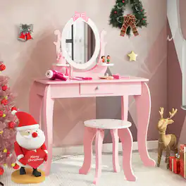Costway - Kid Vanity Table Stool Set with Adjustable Mirror Storage Drawer Makeup - White/Pink