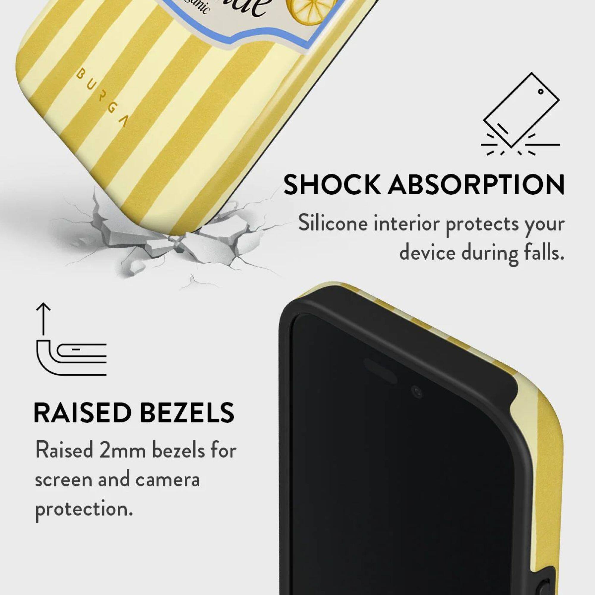 **SHOCK ABSORPTION**  
Silicone interior protects your device during falls.

**RAISED BEZELS**  
Raised 2mm bezels for screen and camera protection.