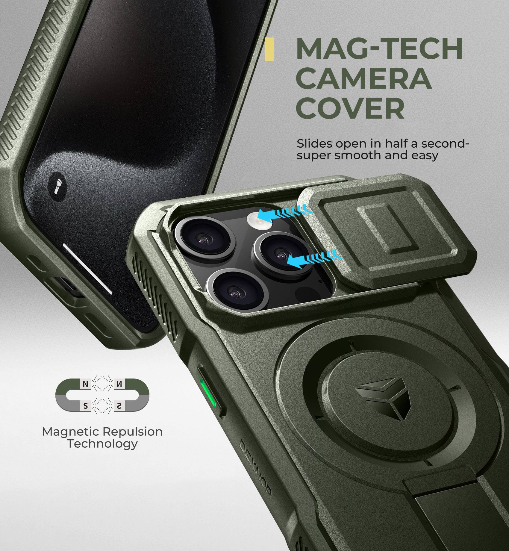 MAG-TECH CAMERA COVER  
Slides open in half a second- super smooth and easy  

Magnetic Repulsion Technology  

DENNOR