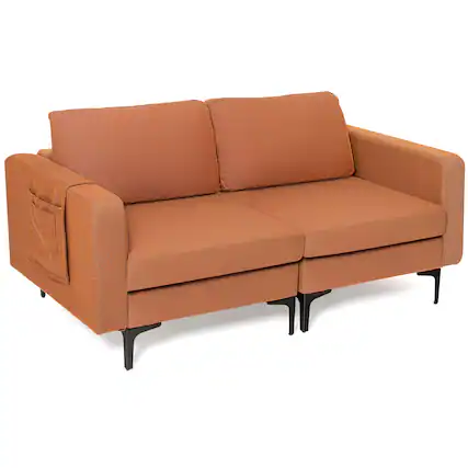 Front. Costway - Costway Modern Loveseat Linen Fabric 2-Seat Sofa Couch w/ Side Storage Pocket - Orange.
