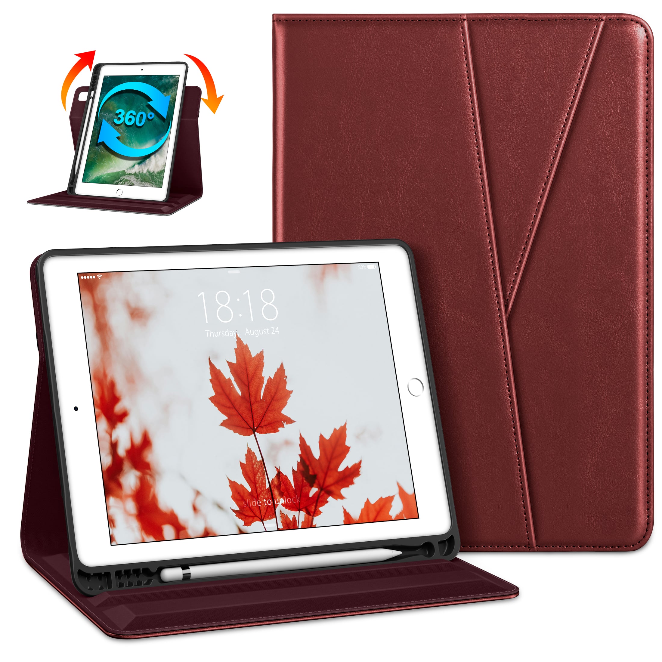 DTTO - Case for iPad 6/5 & Air 2/1 9.7" - 360° Rotating Leather Folio Stand with Pencil Holder & Auto Wake/Sleep - Burgundy Red