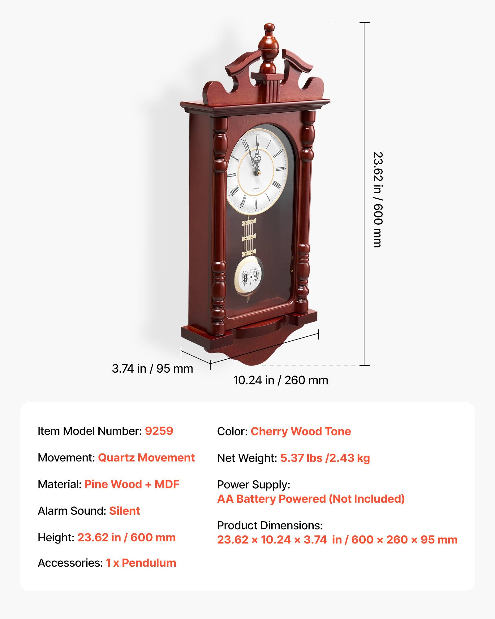 VEVOR Grandfather Clock, 23.2 in Classic Vintage Pendulum Clock