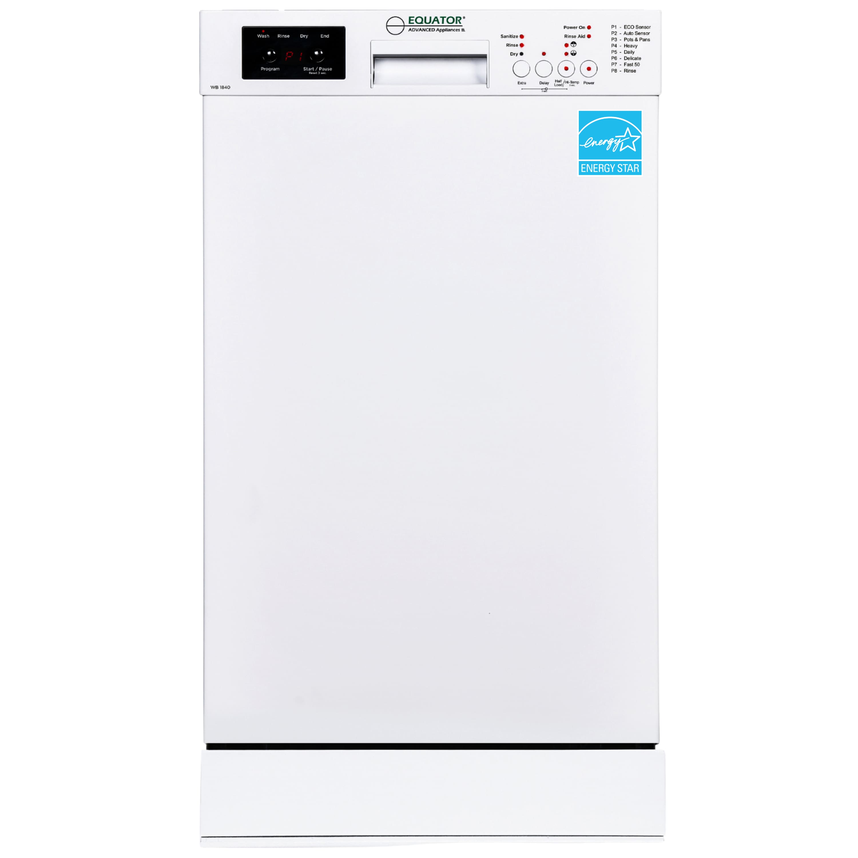 Equator - 18" Built-In Dishwasher Front Control 10 place+Wine Rack 3.4g Sanitize Super Dry 51 dB 110V Energy Star - White