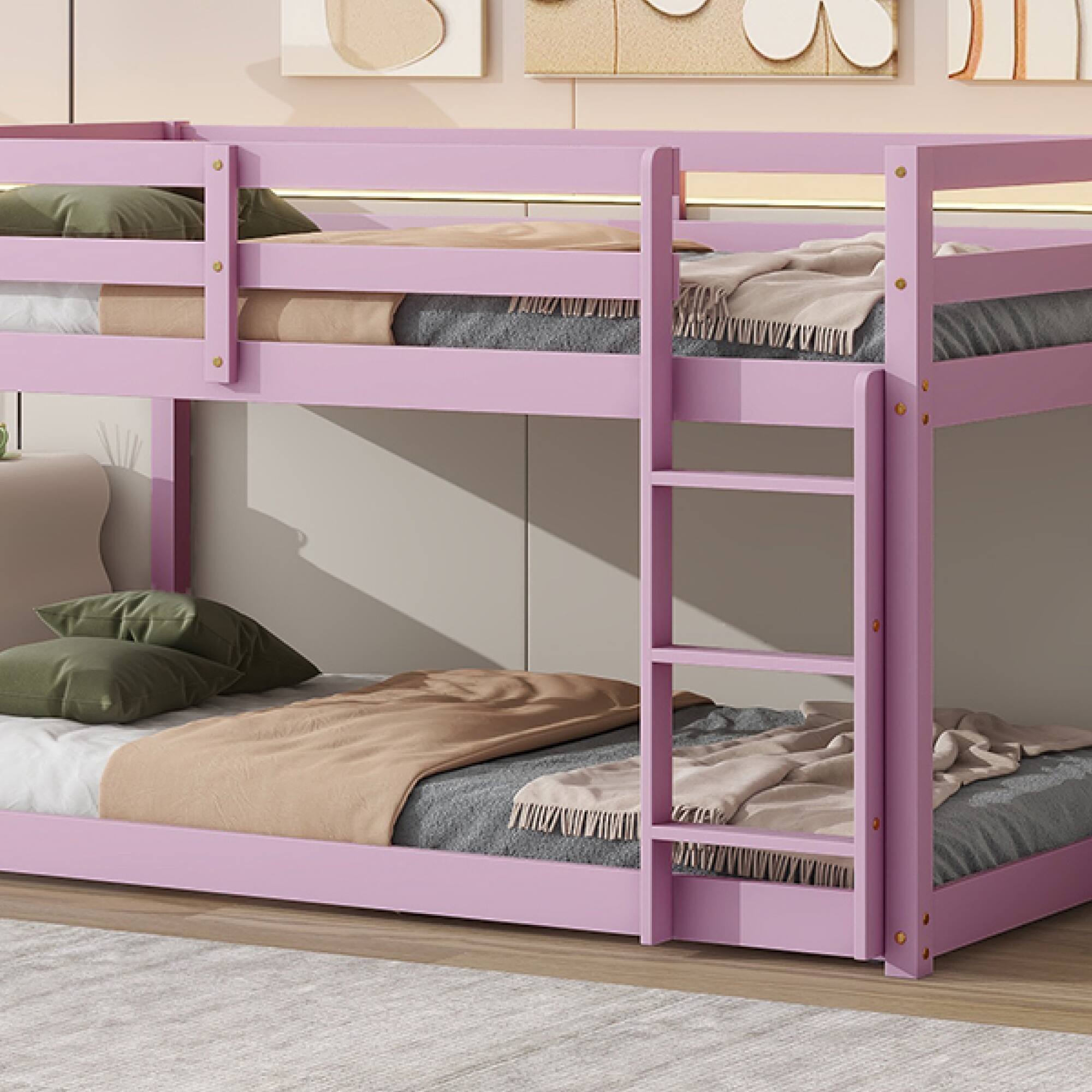Alt View 9. GOODSILO - Solid Wood Twin Over Twin Floor Bunk Bed with Ladder and Strengthened Slats for Enhanced Stability - Pink.